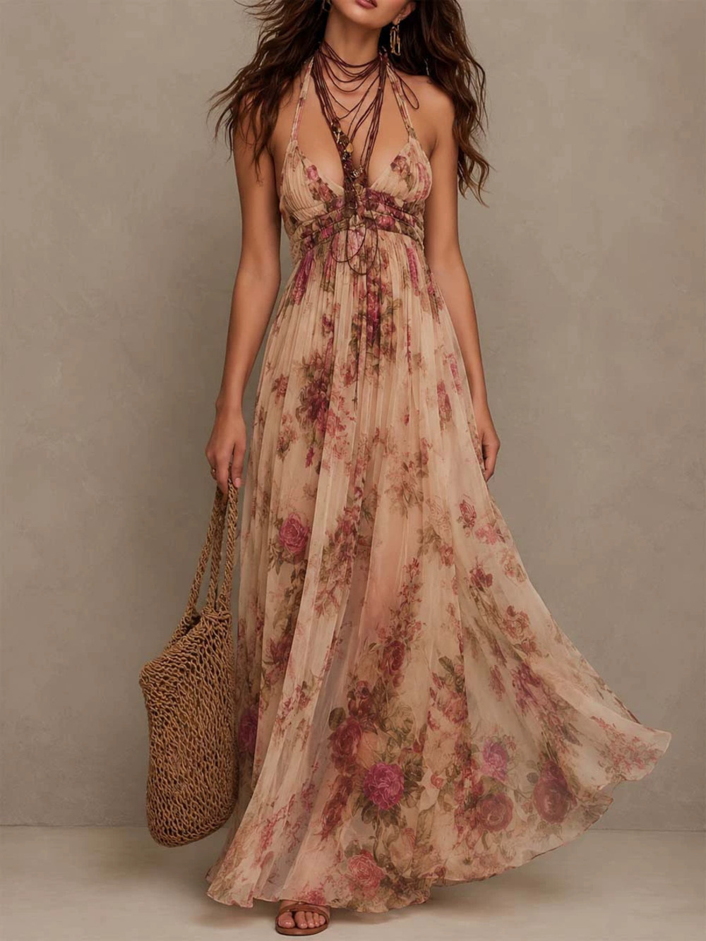 ZARA Vintage Rose Floral Halter Deep V Mesh Maxi Dress
